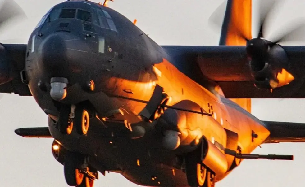 Military transport aircraft at sunset