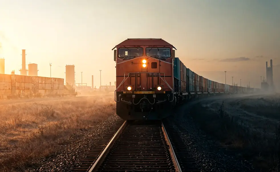Freight train on railway tracks at sunrise